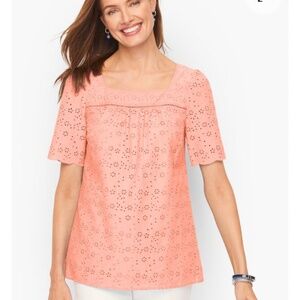 Talbots - peach, pink, eyelet, square neck, short sleeve blouse